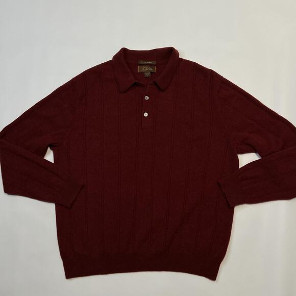 Tasso Elba Sweater Mens Large Burgundy 100% Cashmere Knit Collared Pullover Soft - Picture 1 of 8